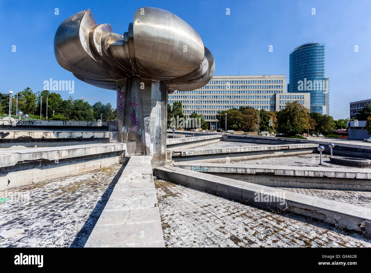 Socialist sculpture in failing fountain on Freedom Square, Bratislava statues Slovakia, Europe Stock Photo