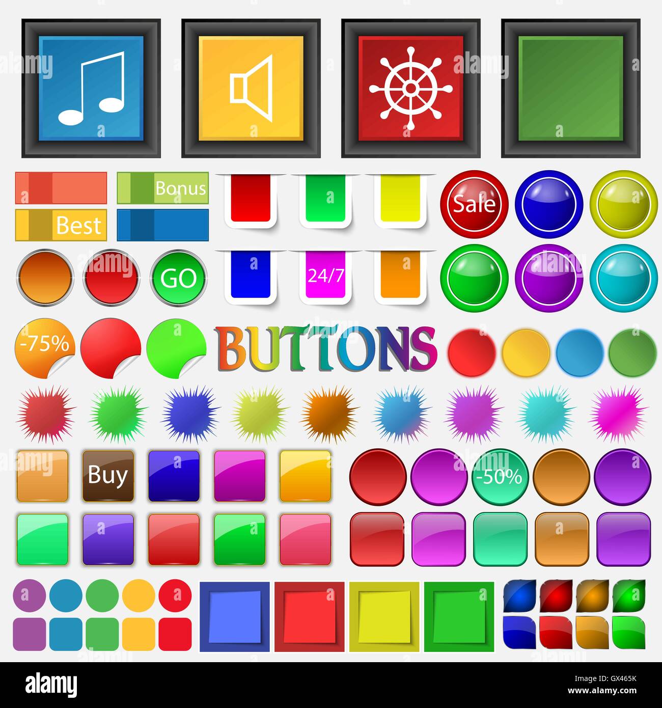 music, note , volume control wheel , closed icon. Big set buttons for ...