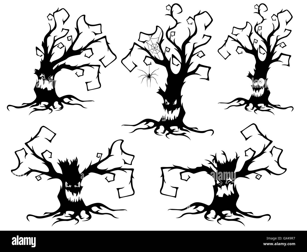 Set of five black silhouettes of irate and angry old dried trees isolated on the white background, Halloween vector illustrations Stock Vector