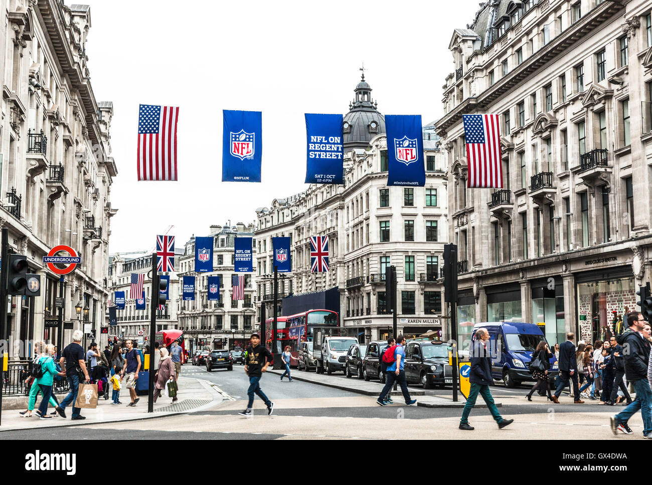 NFL NFLUK event banners on Regents Street, London, England, UK. Stock Photo