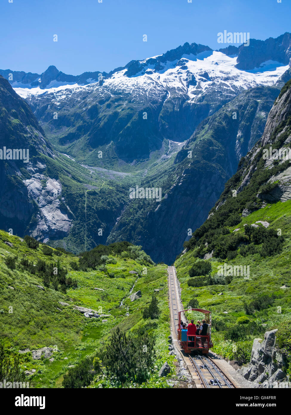 Gelmerbahn funicular in the Swiss Alps. One of the steepest funiculars in the world with a maximum inclination of 106%. Stock Photo