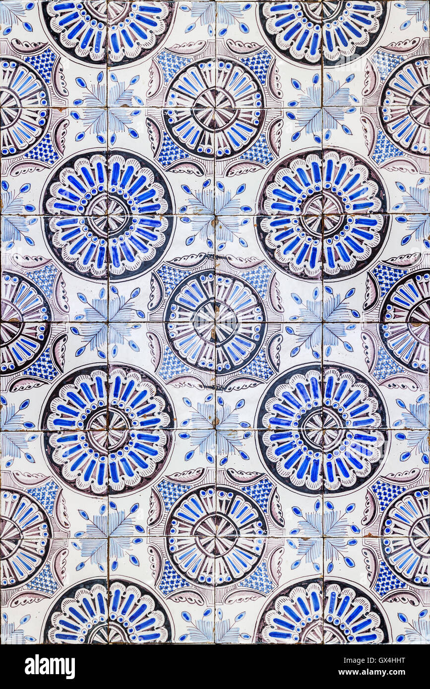 Traditional, hand painted blue black and white colored tiles Stock Photo