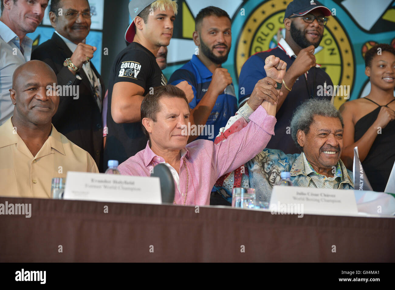 World Boxing Council press conference announcing important details about the WBC 54th Annual Convention at Diplomat Resort & Spa Hollywood  Featuring: (Top)Guest, Marvin Campbell, Niko Valdes, Dino Spencer, Joe Fournier, Chassity Martin, (bottom) Evander Stock Photo