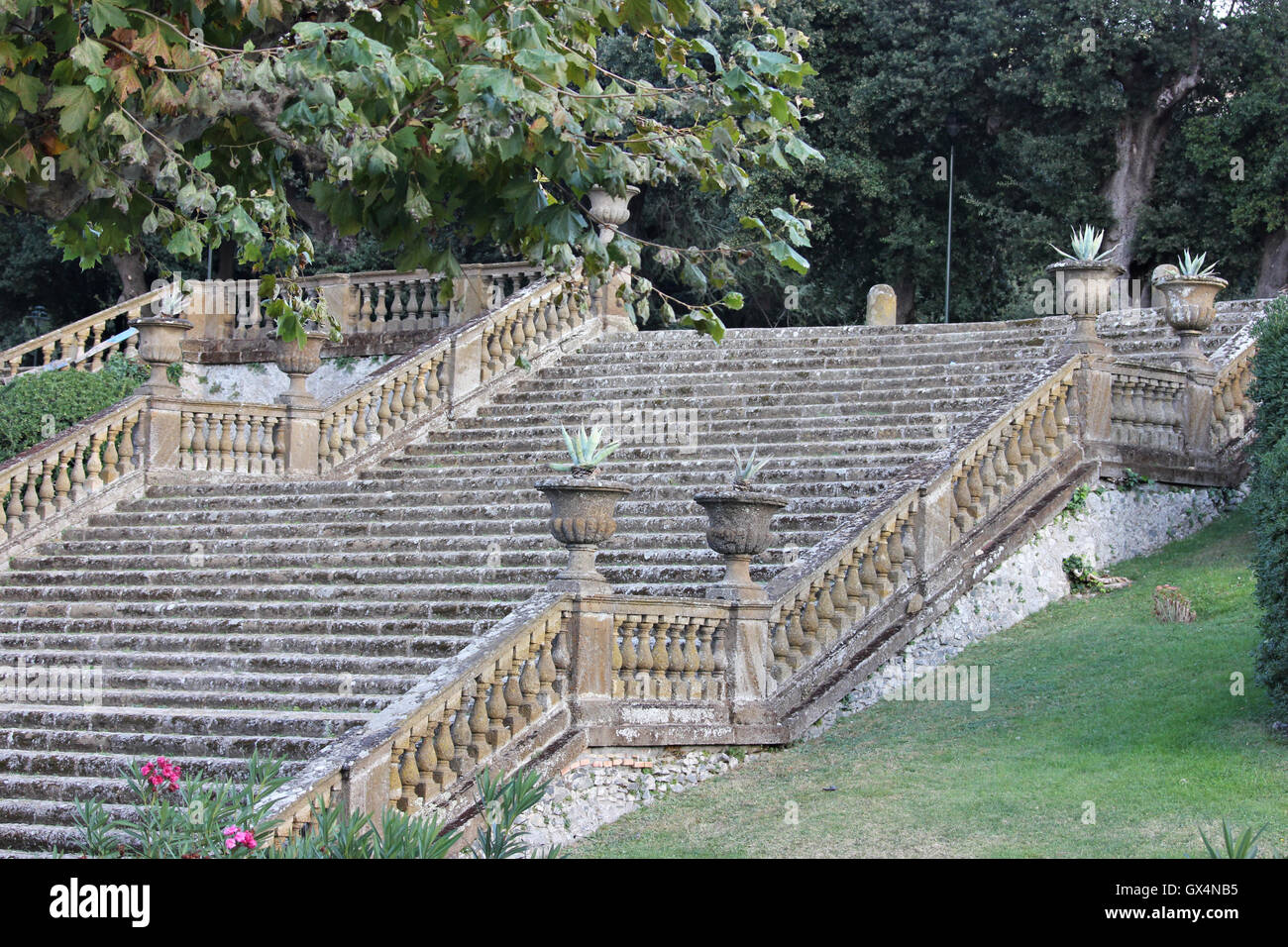 a beautiful antic stairway/ staircase in Frascati, the gardens of Villa Torlonia, ville tuscolane, Italy Stock Photo