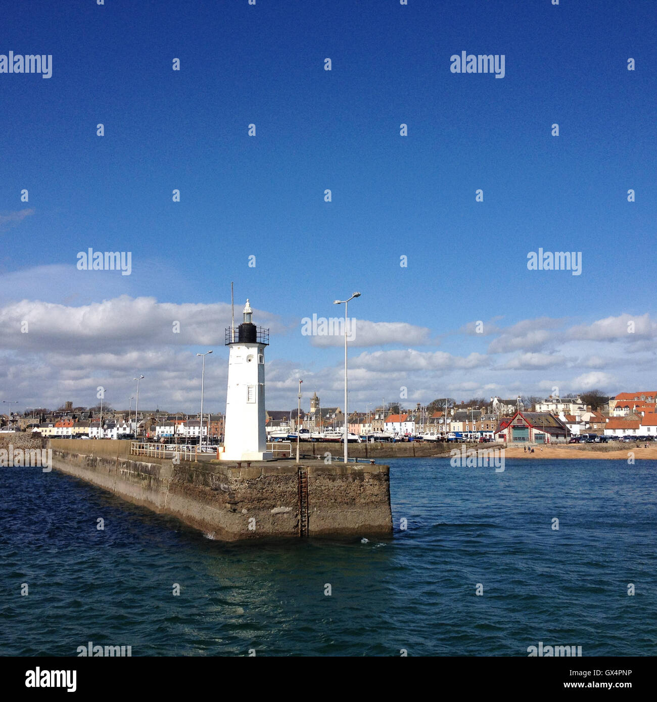 Harbour and lighthouse in Anstruther, Fife, Scotland. Stock Photo