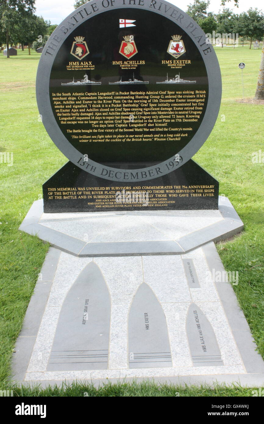 The Battle of the River Plate memorial at the National Memorial Arboretum, Alrewas, Staffordshire, England Stock Photo