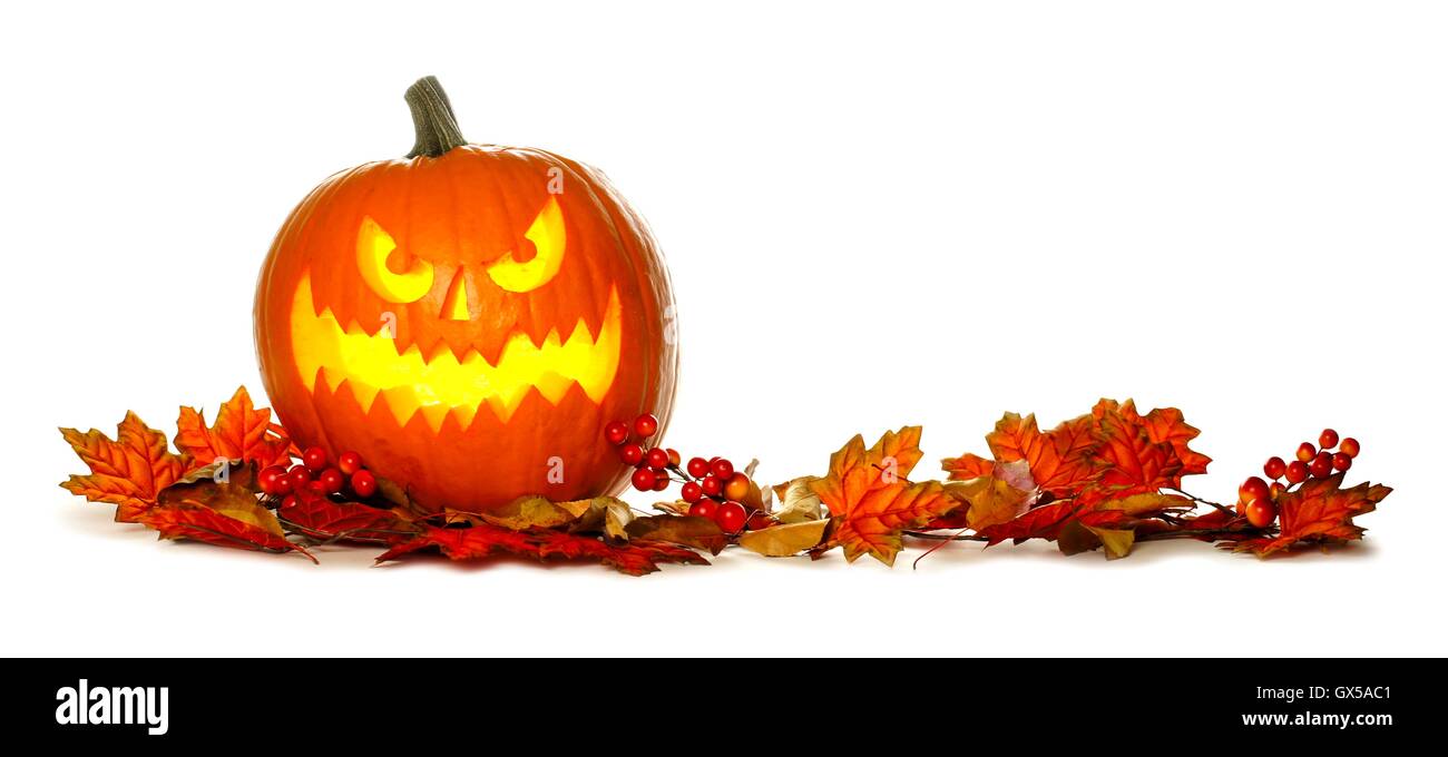 Illuminated Halloween Jack o Lantern with border of red autumn leaves isolated on a white background Stock Photo