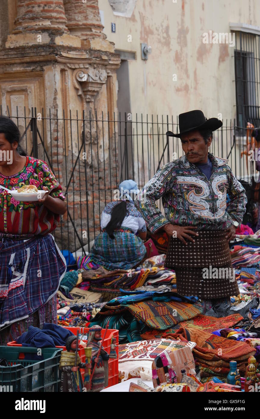 Indigenous people selling various traditional craft, Antigua Guatemala Stock Photo