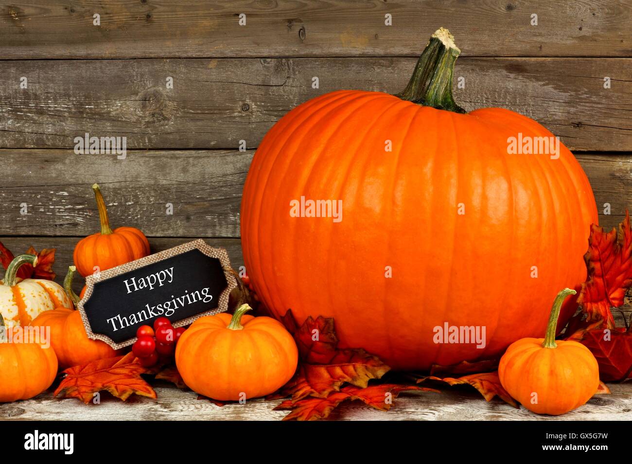 Autumn pumpkins with Happy Thanksgiving chalkboard tag against a rustic wood background Stock Photo