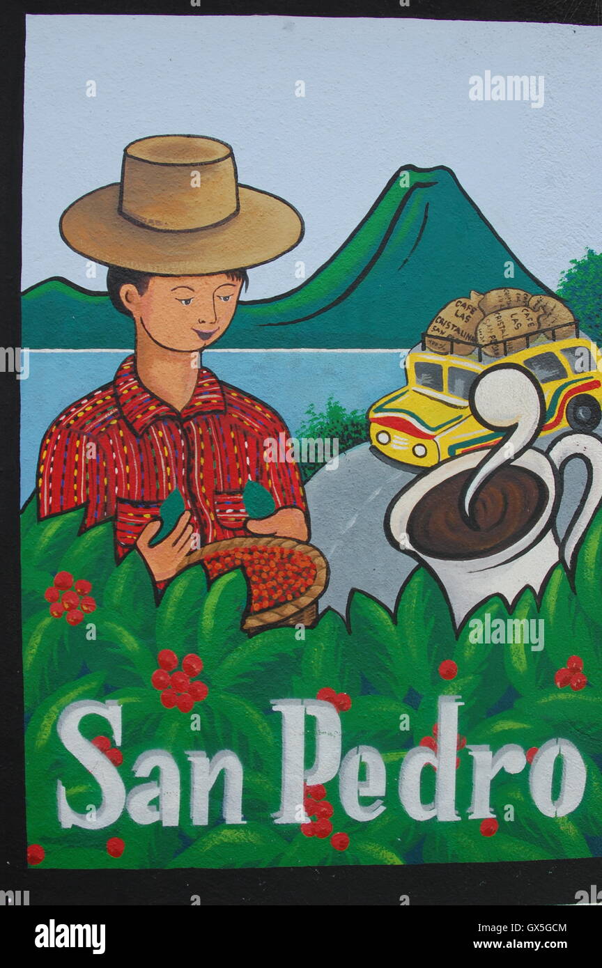Coffee Wall Painting, Panajachel, Guatemala Stock Photo