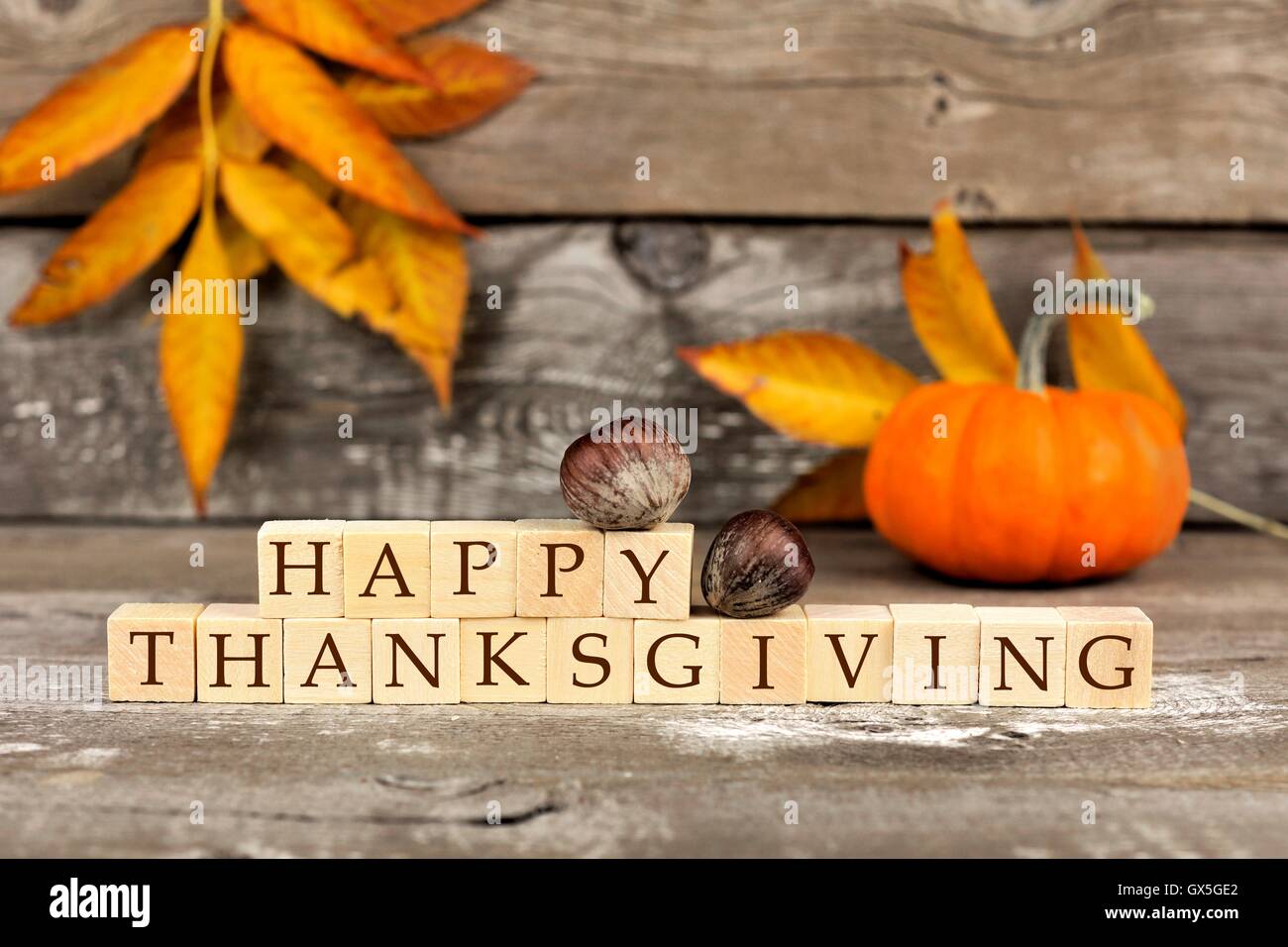 Happy Thanksgiving wooden blocks against a rustic wood background with pumpkins and autumn leaves Stock Photo