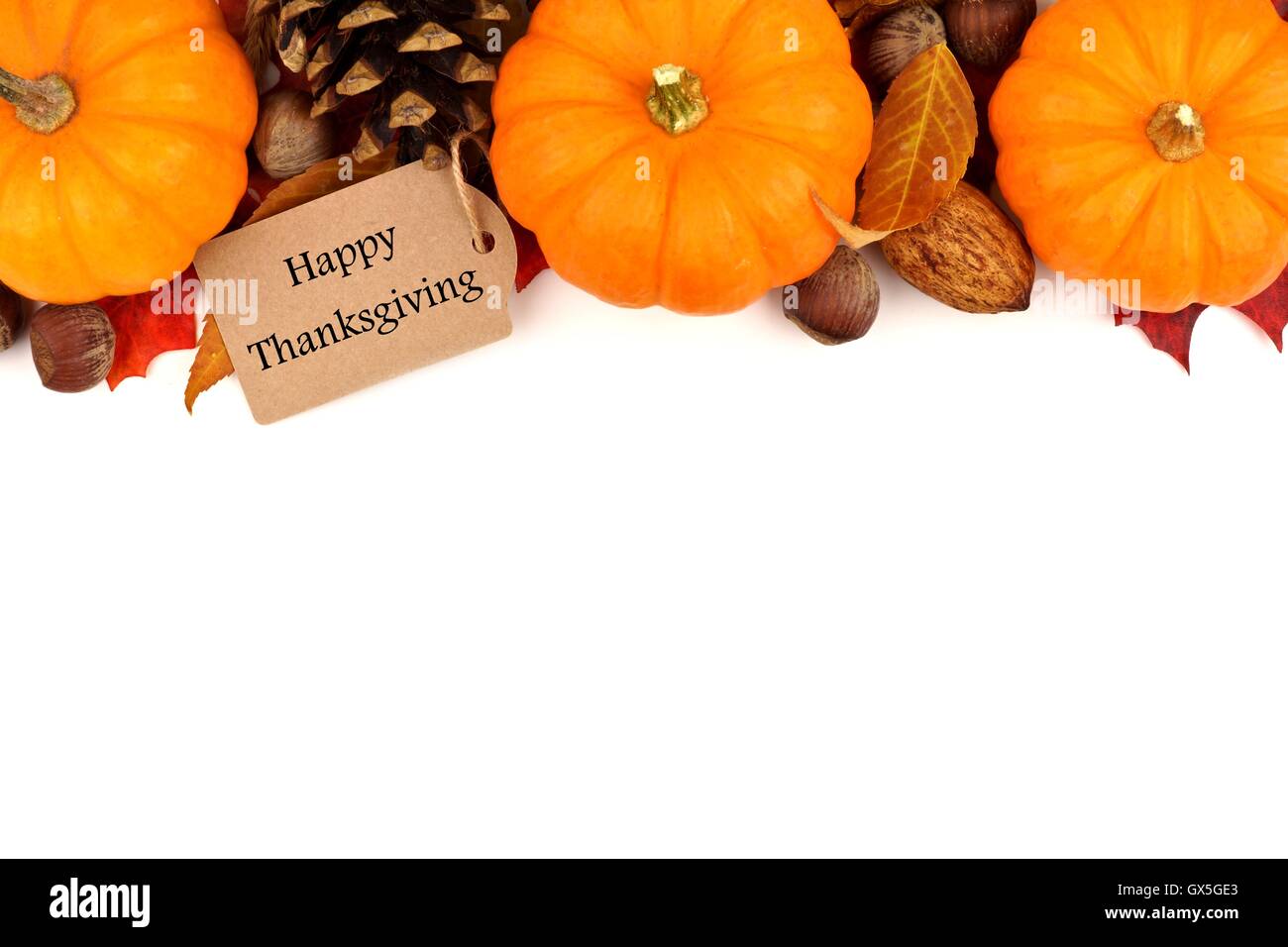 Happy Thanksgiving tag with autumn top border of pumpkins, leaves and nuts isolated on white Stock Photo