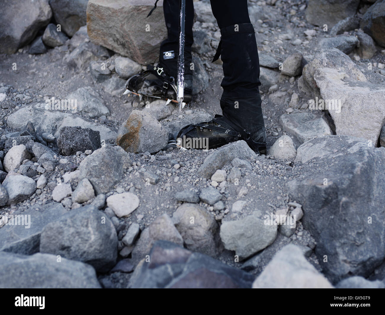 Crampons make the journey to the summit of Mt. Rainier much more manageable. Stock Photo