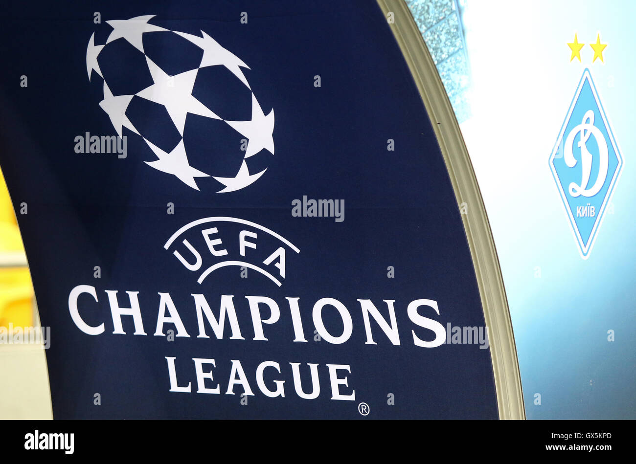 Official UEFA Champions League logo on the decoration board Stock Photo