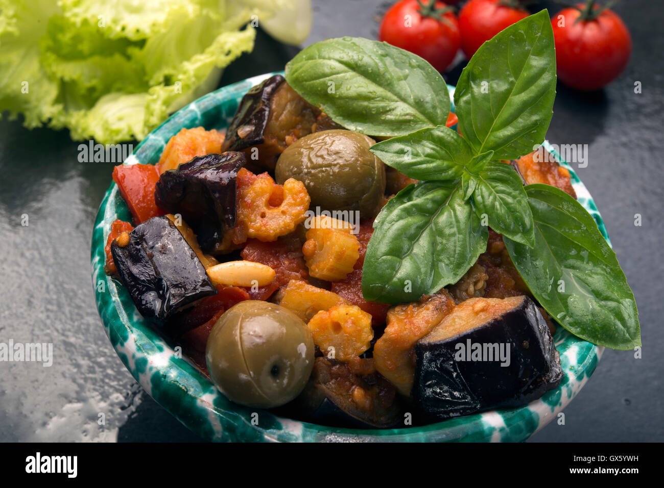 Sicilian eggplant caponata is a salad with tomatoes vinegar pine nuts