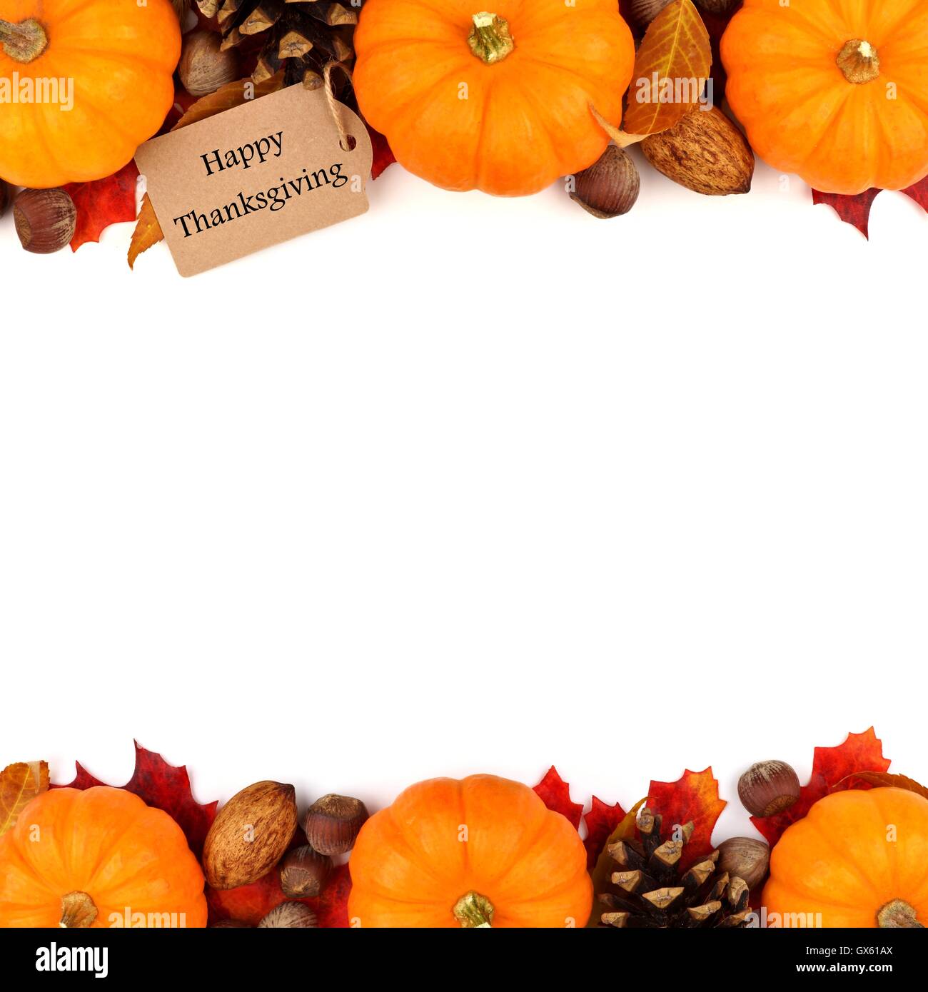 Happy Thanksgiving tag with autumn double border of pumpkins, leaves and nuts isolated on white Stock Photo