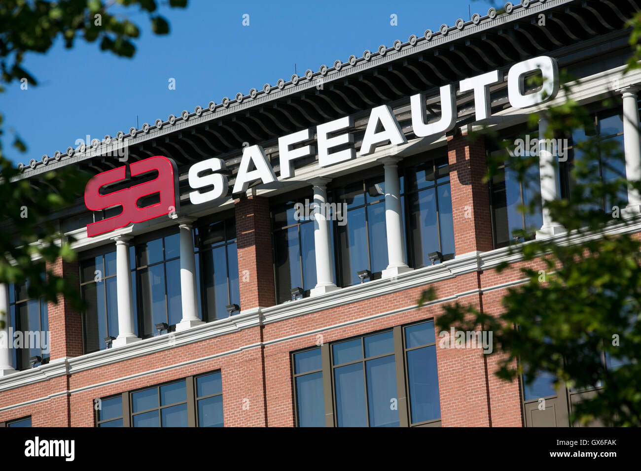 A logo sign outside of the headquarters of the Safe Auto Insurance Company in Columbus, Ohio on July 23, 2016. Stock Photo