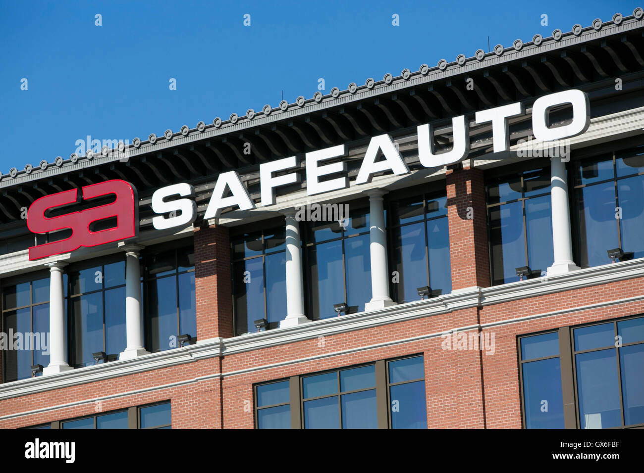 A logo sign outside of the headquarters of the Safe Auto Insurance Company in Columbus, Ohio on July 23, 2016. Stock Photo