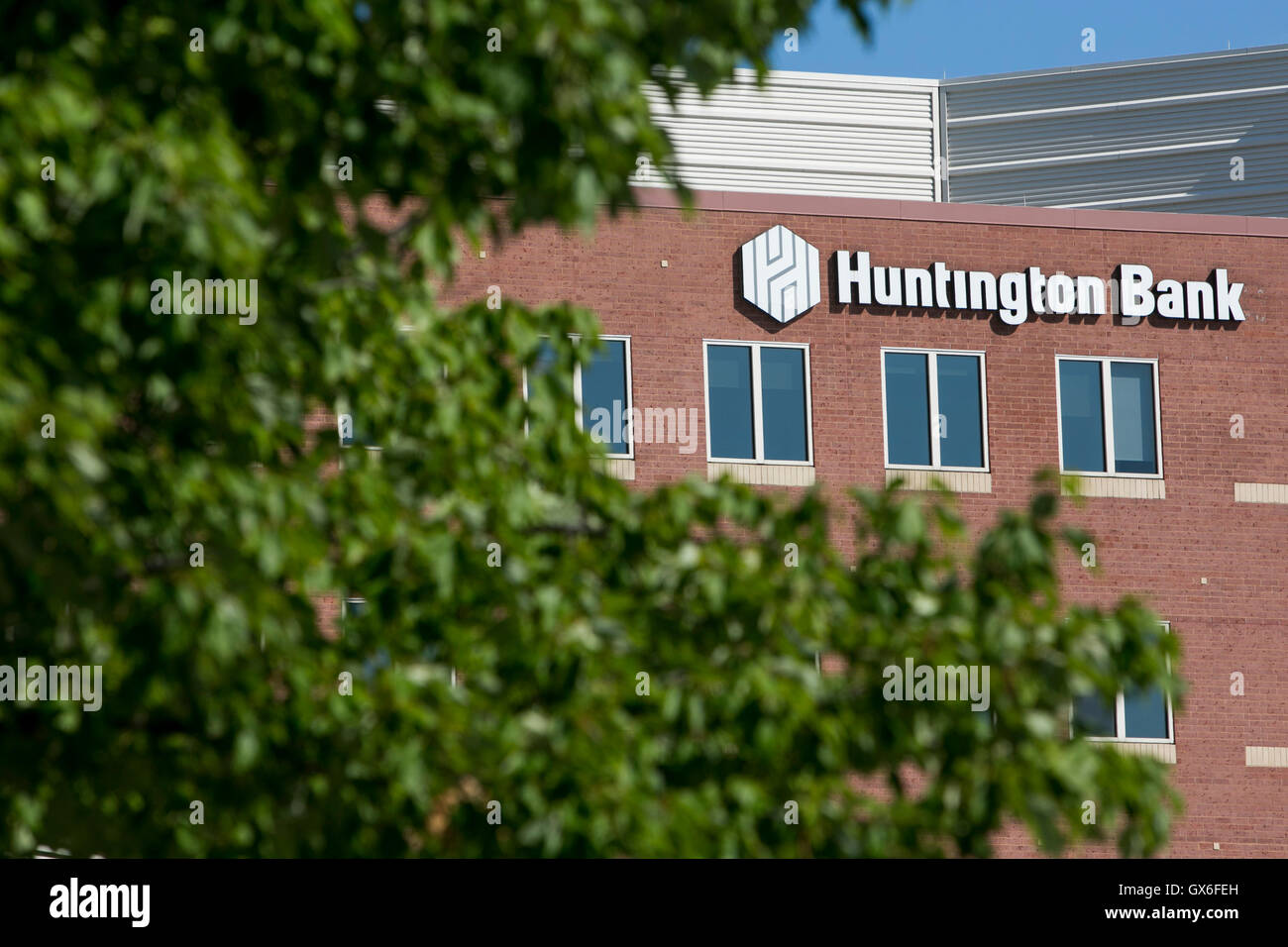 A logo sign outside of the headquarters of Huntington Bancshares, Inc., in Columbus, Ohio on July 23, 2016. Stock Photo