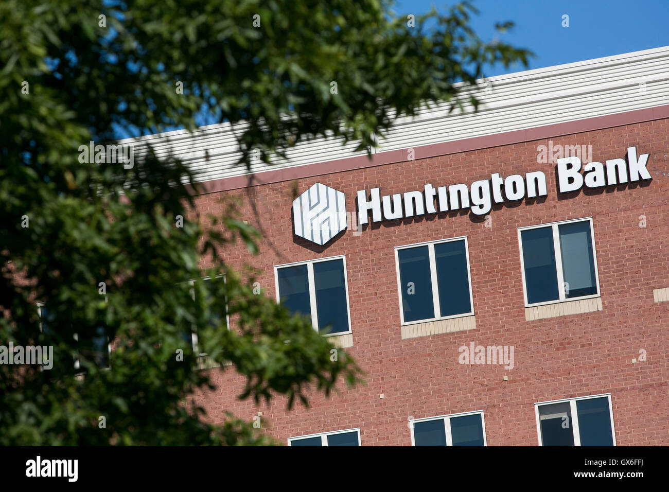 A logo sign outside of the headquarters of Huntington Bancshares, Inc., in Columbus, Ohio on July 23, 2016. Stock Photo