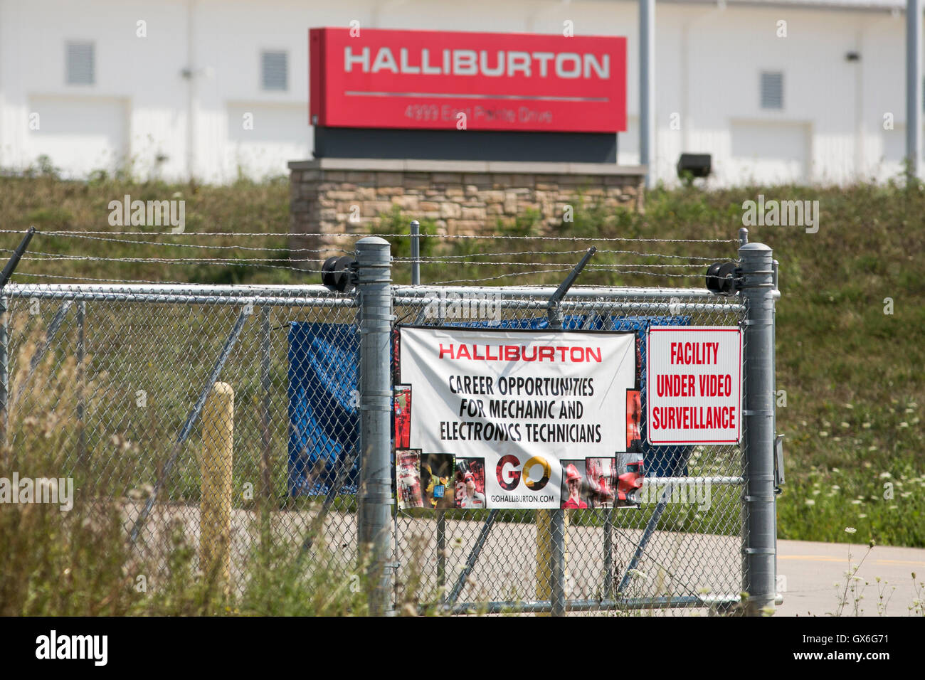 A logo sign outside of a facility occupied by the Halliburton Company