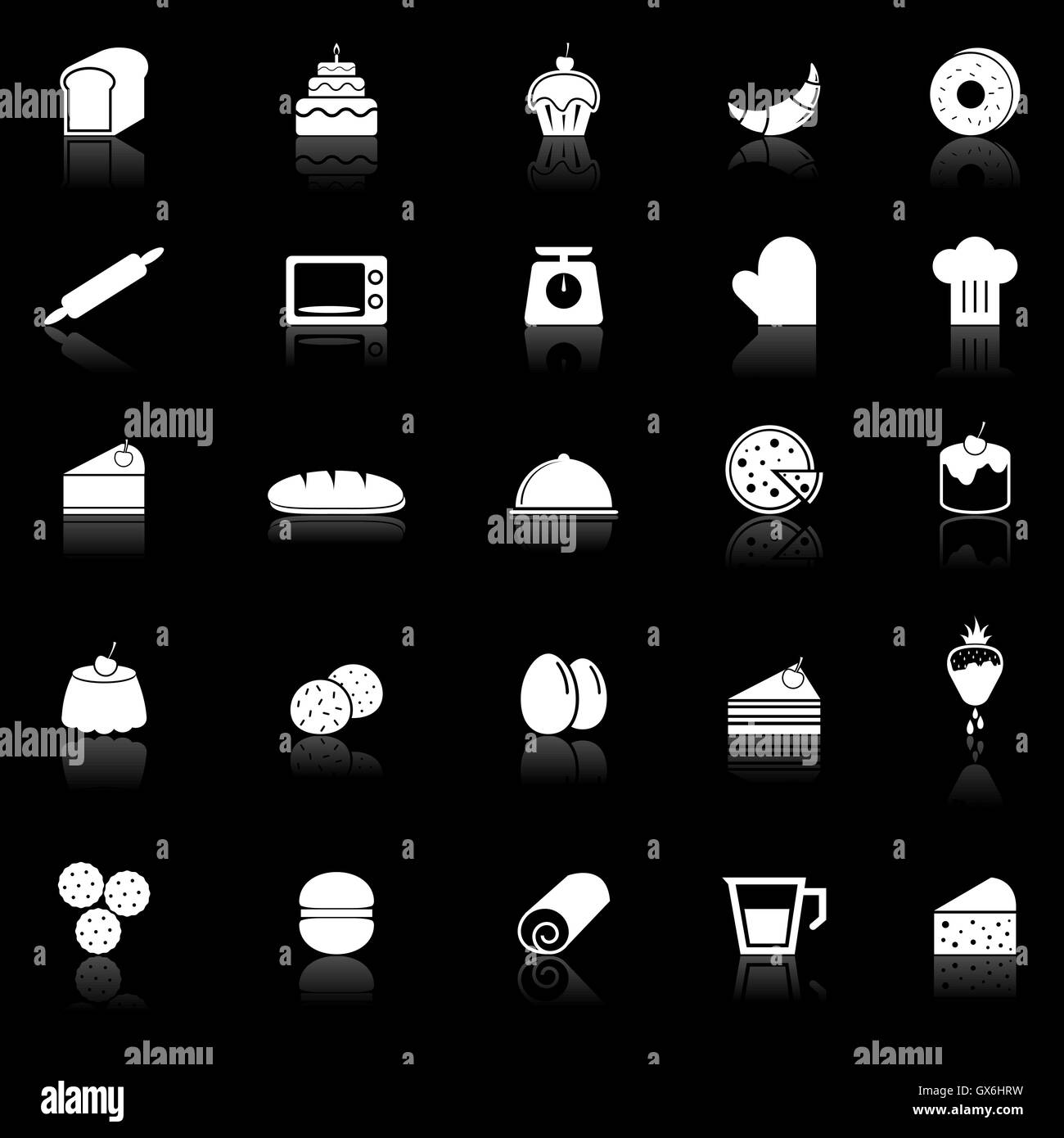 Bakery icons with reflect on black background, stock vector Stock ...