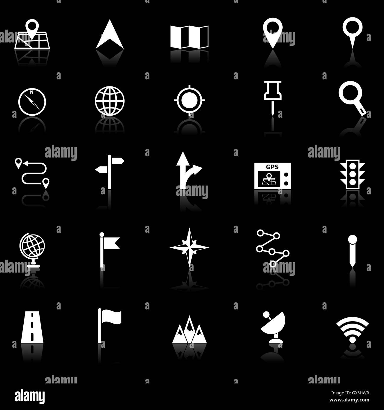 Navigation icons with reflect on black background, stock vector Stock ...