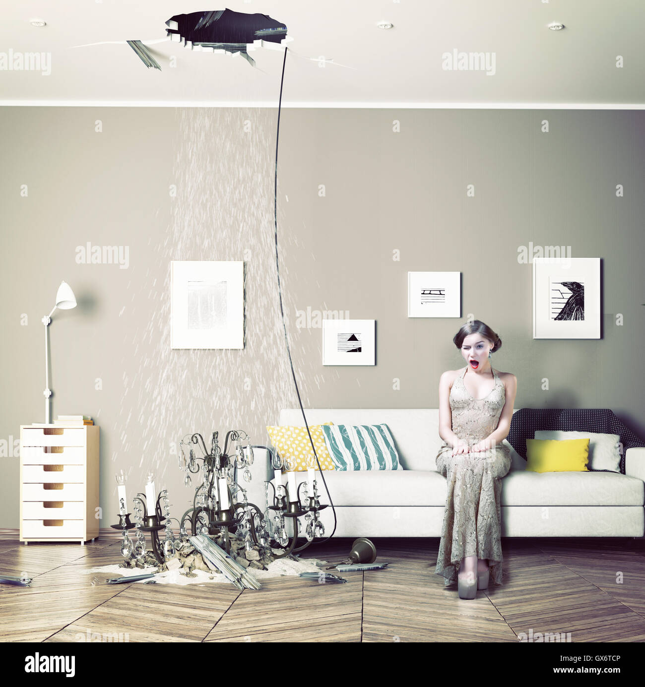 broken ceiling in the room and woman inside. Photo combination concept Stock Photo