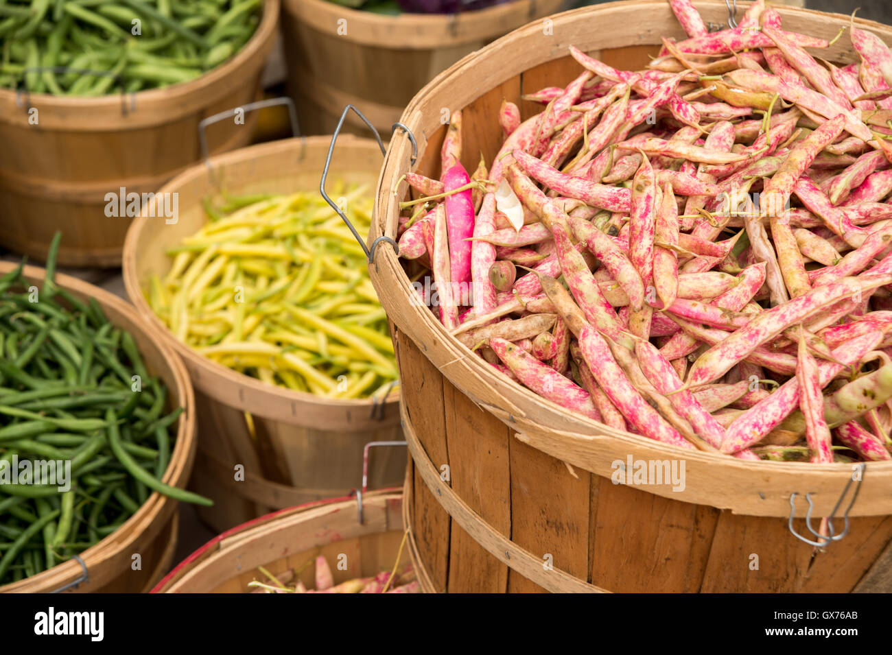 Different types of beans at the market cranberry beans, green beans