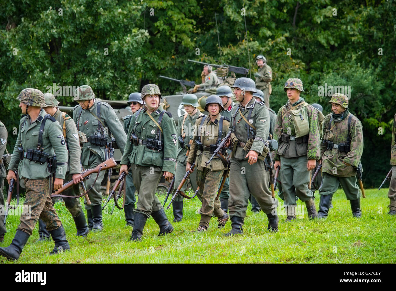 German Infantry on the march. Shot at 'World War 2 Days' history re-enactment event held at Dellwood Park, Lockport, IL Stock Photo