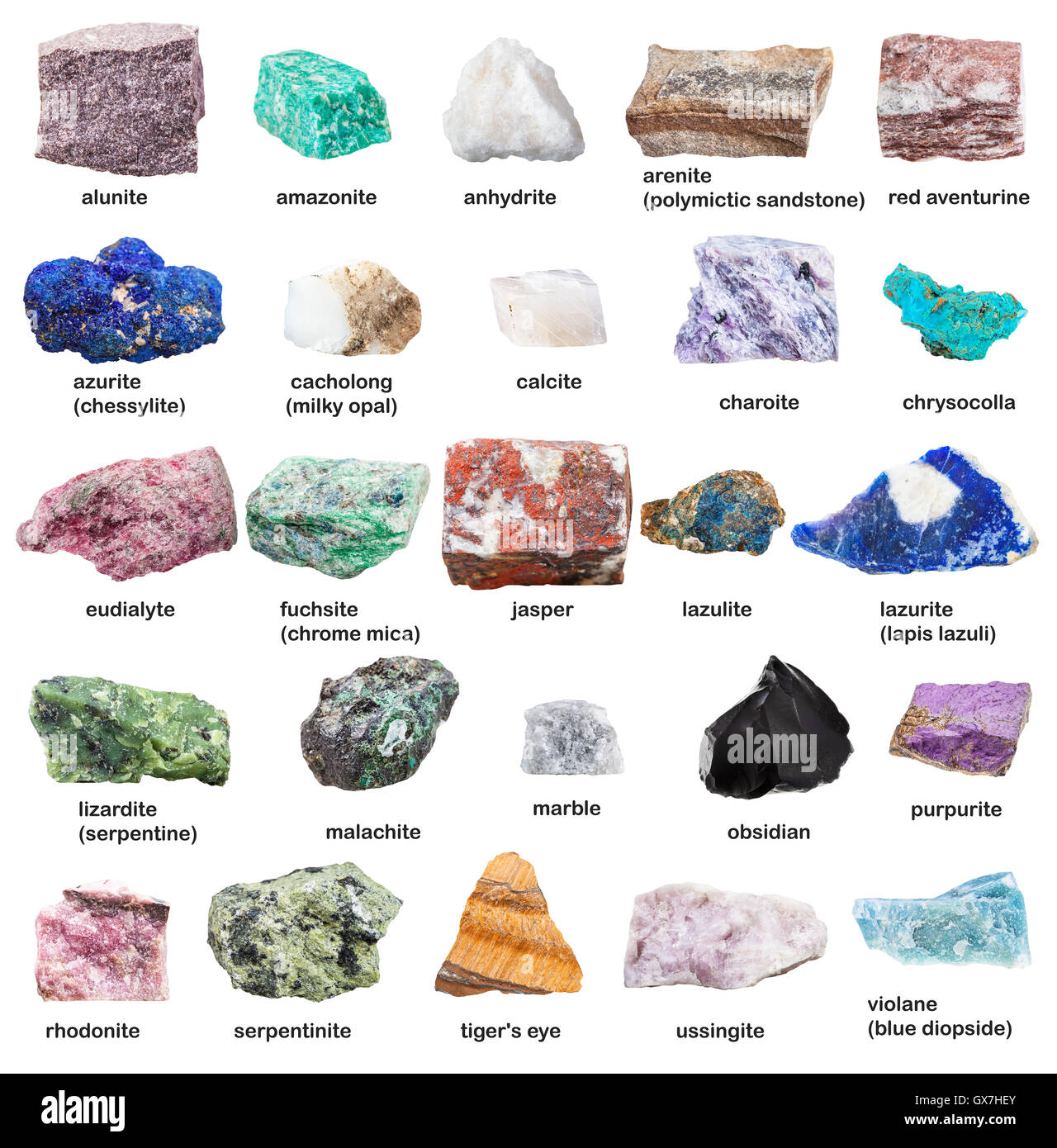 various raw decorative gemstones and minerals with names isolated on ...