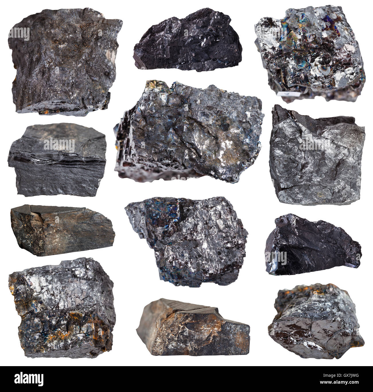 collection from specimens of various coal minerals isolated on white