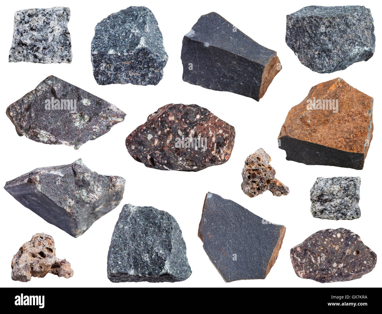 collection from specimens of basalt rock isolated on white background Stock Photo