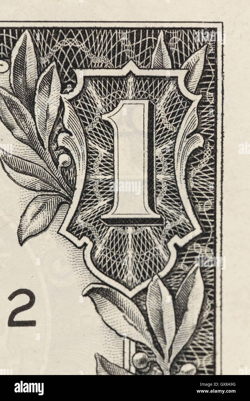 Digit One from dollar banknote close-up Stock Photo - Alamy