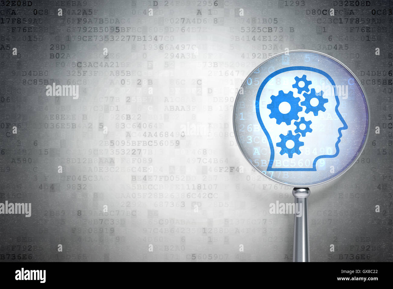 Business concept: Head With Gears with optical glass on digital Stock ...