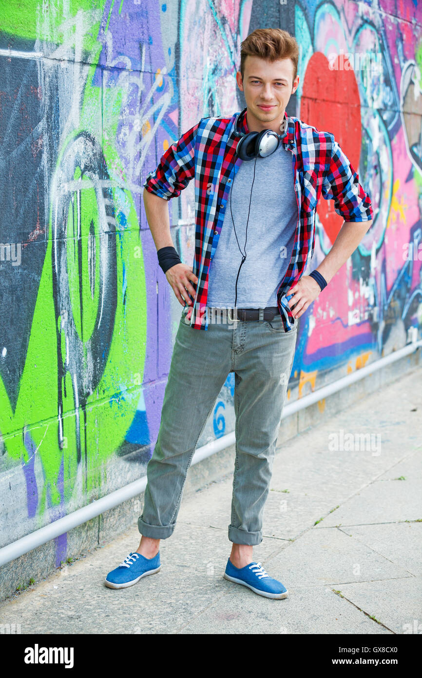 Young boy listening to music Stock Photo - Alamy