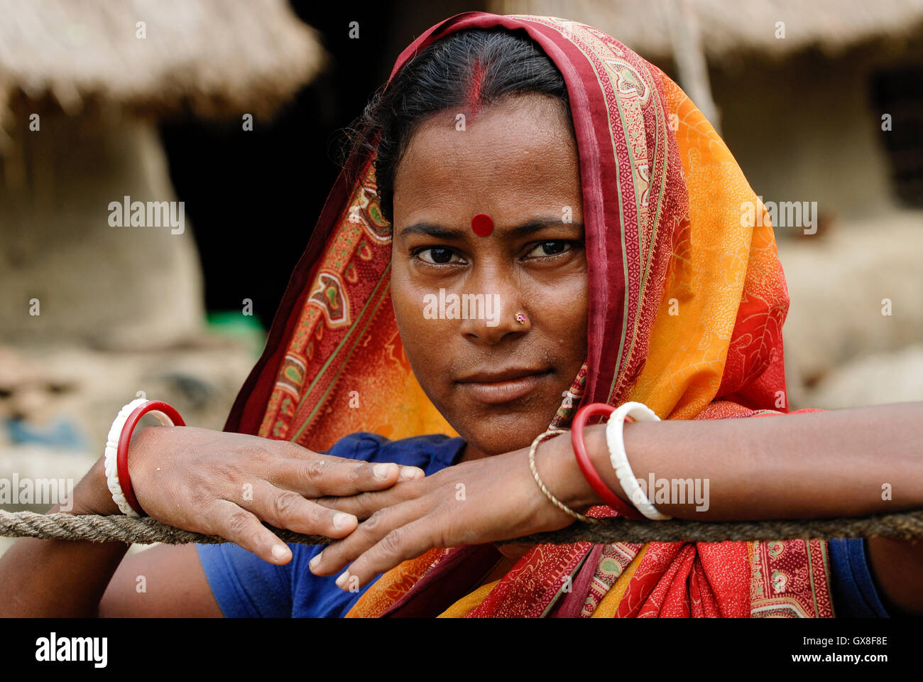 INDIA, Ganges river delta Sundarbans in West-Bengal , Sagar Island, Bengali woman in sari / INDIEN Westbengalen Gangesdelta Sundarbans , Sagar Island, bengalische Frau im Sari Stock Photo