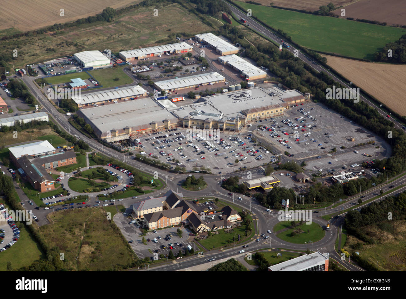 aerial view of the Morrisons superstore supermarket on the east side of Darlington, County Durham, UK Stock Photo