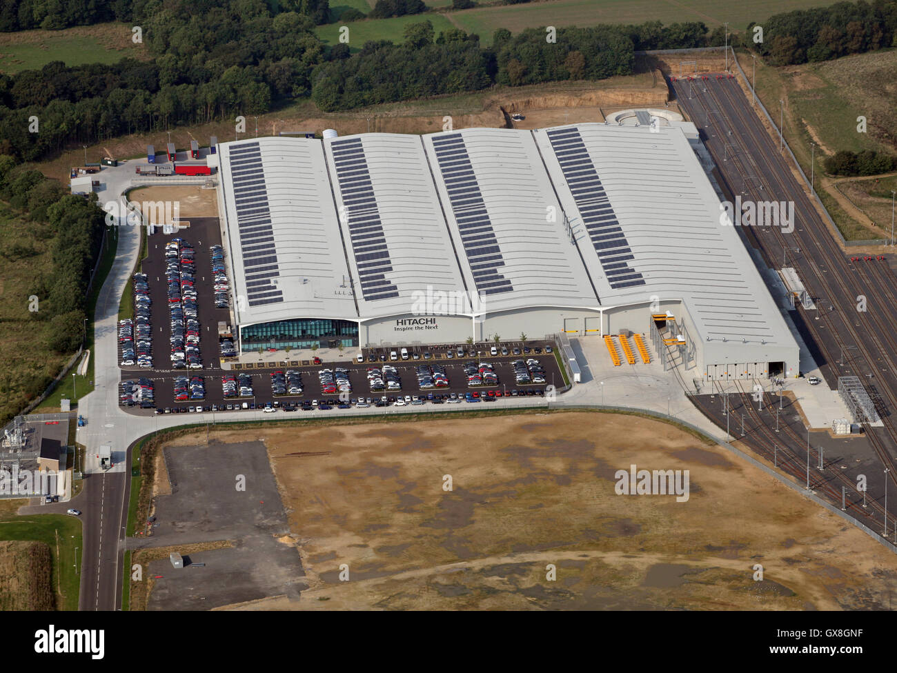 aerial view of Hitachi Rail Europe factory at Newton Aycliffe, County Durham, UK Stock Photo