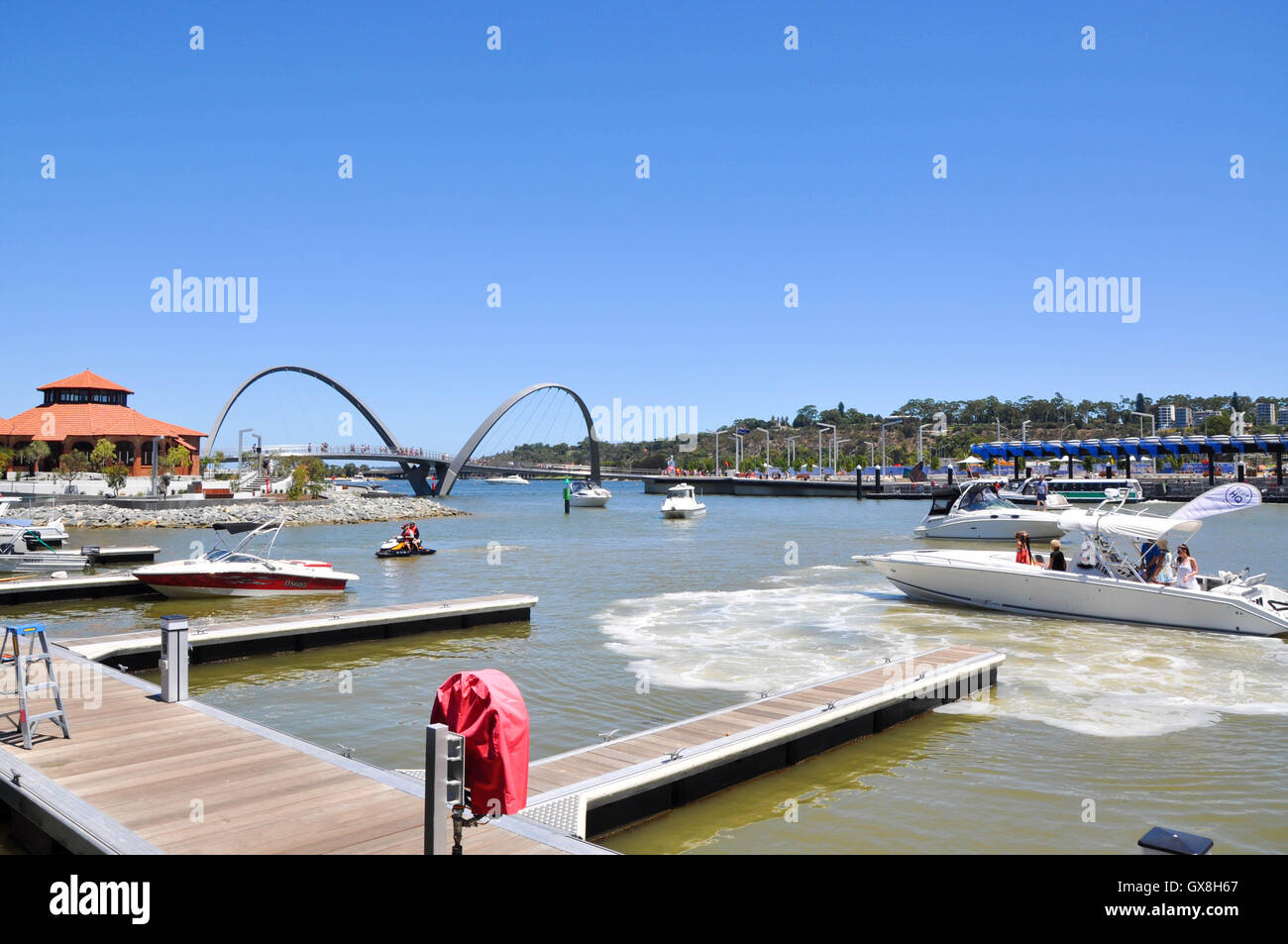Perth,WA,AustraliaFebruary 13,2016Boating at Elizabeth Quay Swan River inlet with people and