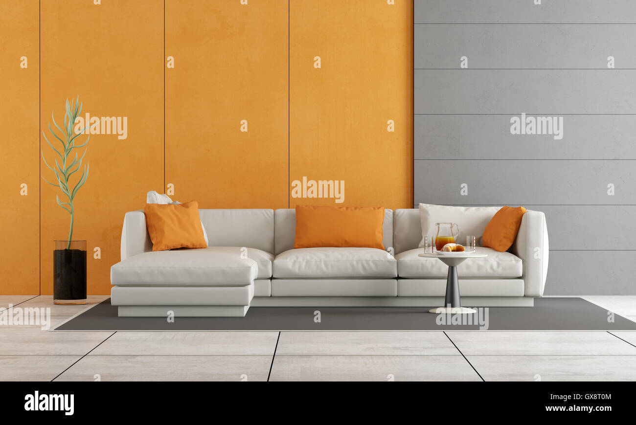 Gray and orange modern living room with concrete wall and sofa - 3d ...