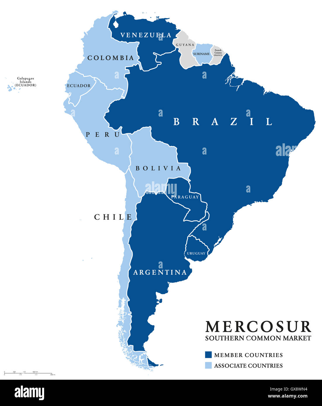 MERCOSUR Southern Common Market countries info map, also Mercosul. Free trade bloc. Stock Photo