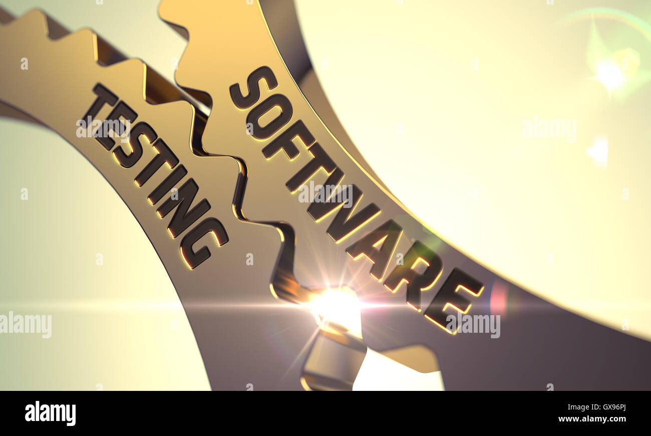 Software Testing Concept. Golden Metallic Cogwheels. 3D. Stock Photo