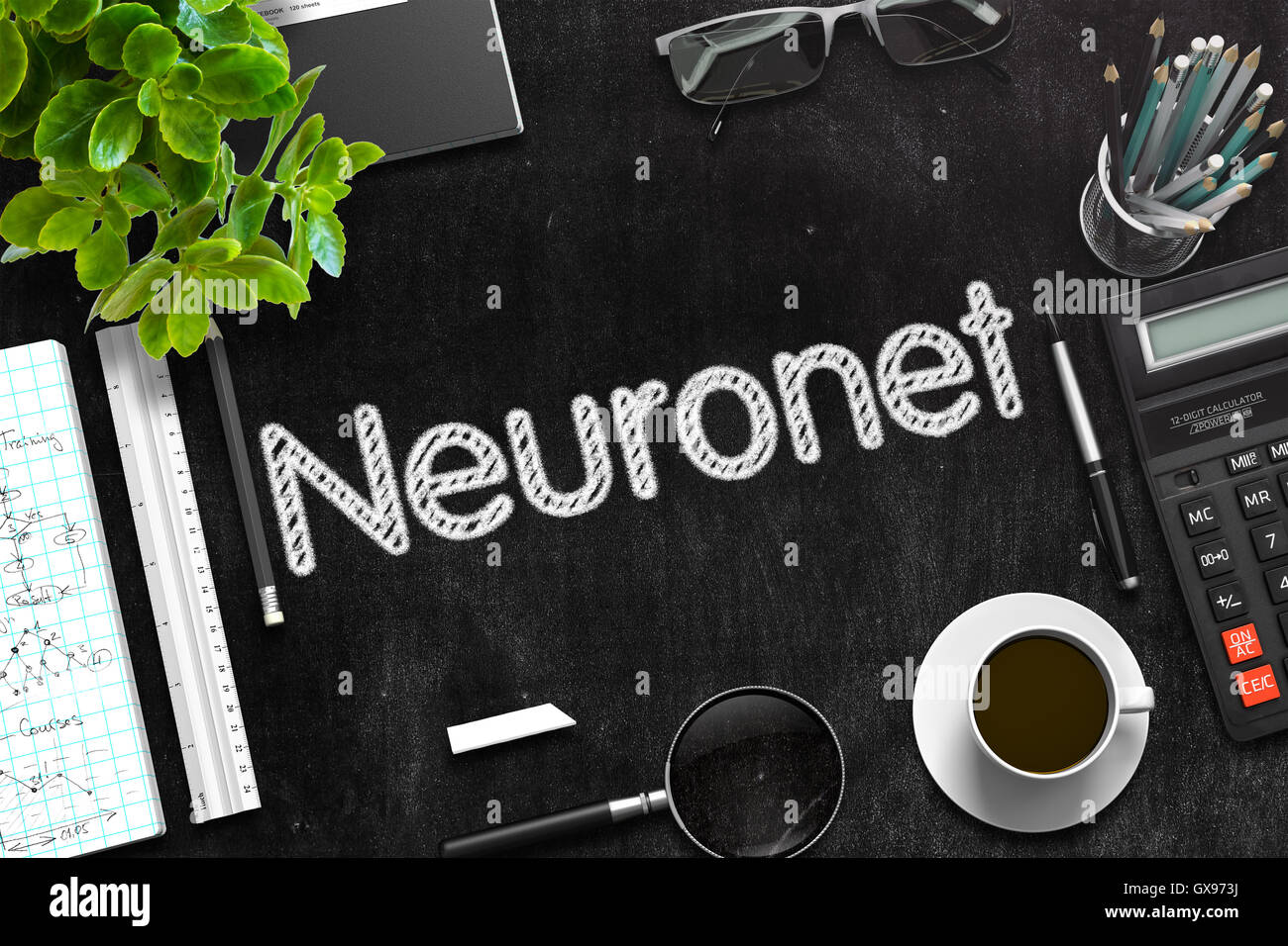 Neuronet Handwritten on Black Chalkboard. 3D Rendering. Stock Photo