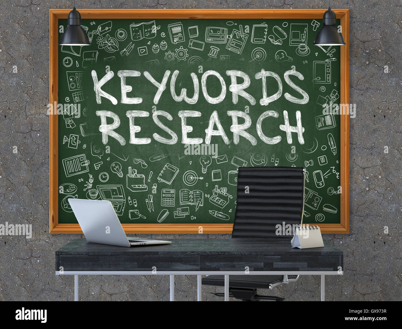 Keywords Research Concept. Doodle Icons on Chalkboard. 3D Render Stock ...