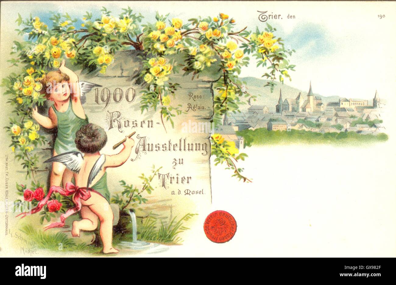 Chromolithographed advertising postcard for Rose Exhibition Stock Photo