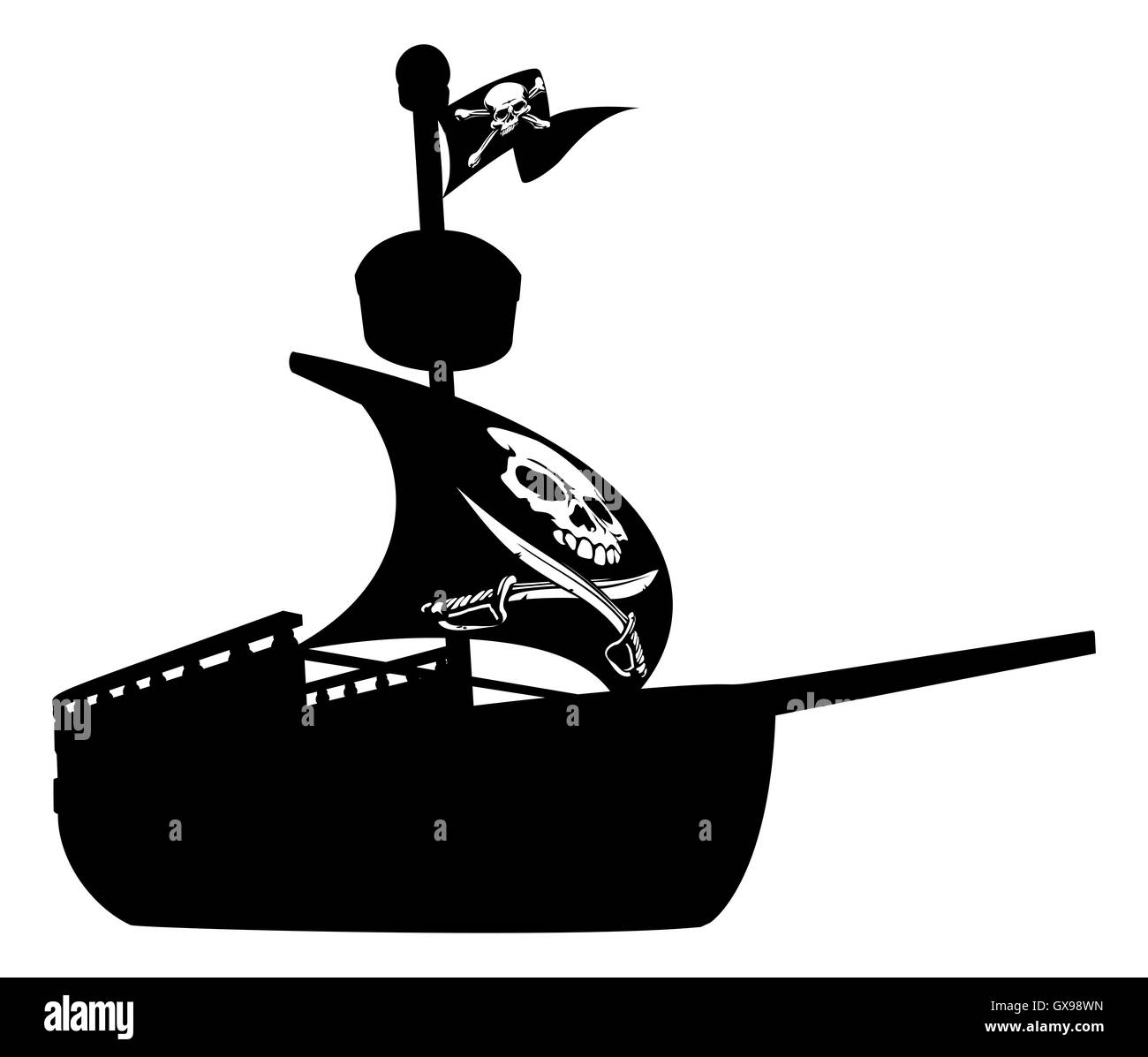 An illustration of a silhouette pirate ship boat flying a skull and crossed bones flag Stock Photo