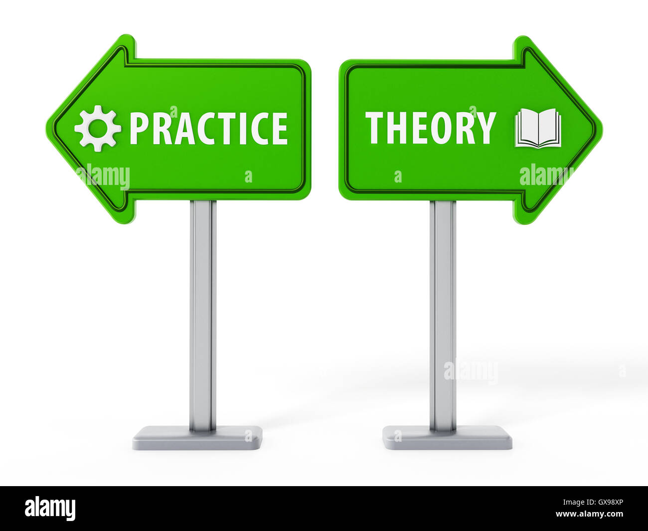 Arrows with theory and practice words on blue background. 3D ...