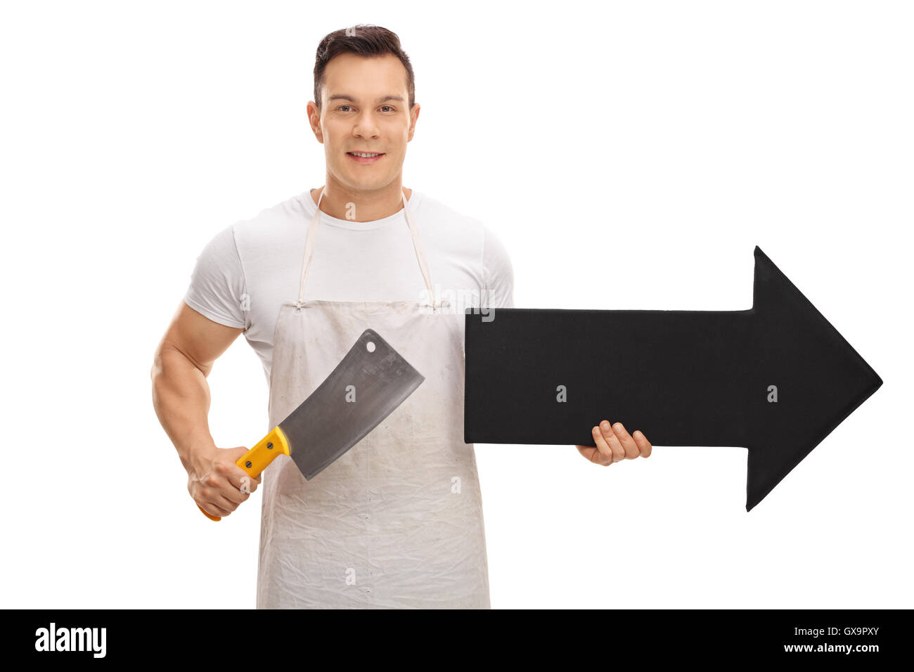 Butcher holding a cleaver and an arrow pointing right isolated on white