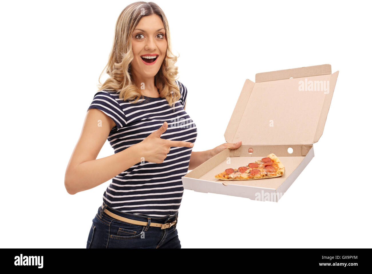 A person showing an open pizza box isolated over white back ground Stock  Photo - Alamy